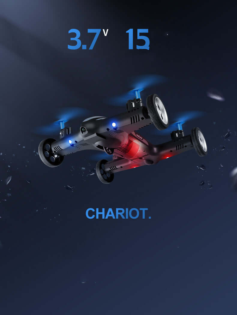 Flying car drone with camera showcasing blue LED lights and sleek design, ideal for land and air fun.