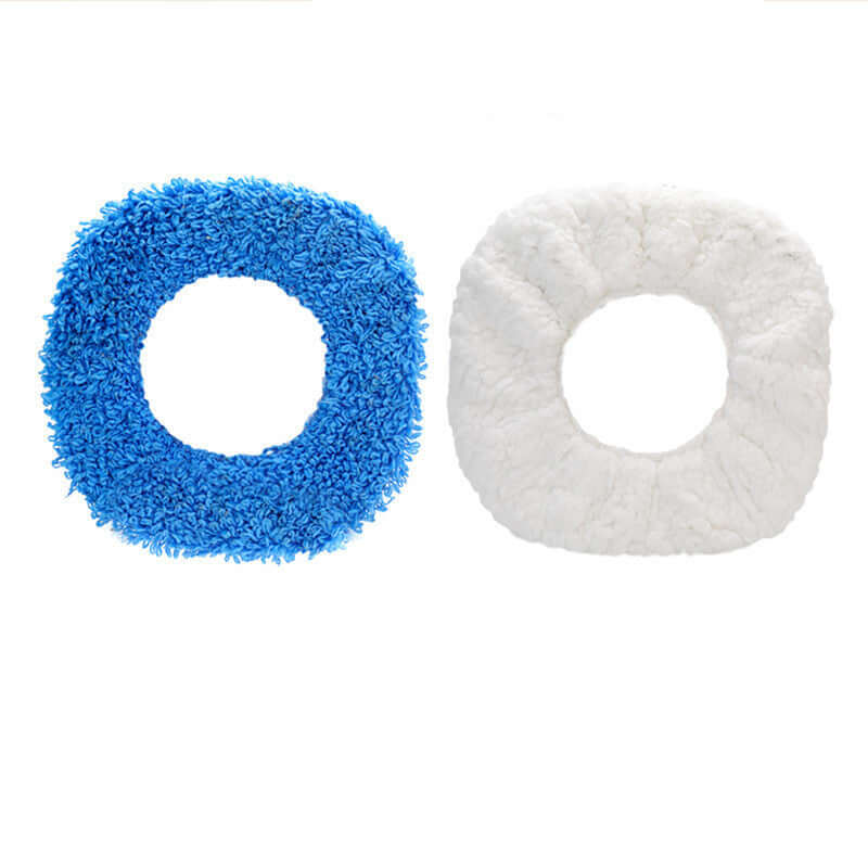 Blue and white circular cleaning pads on a white background