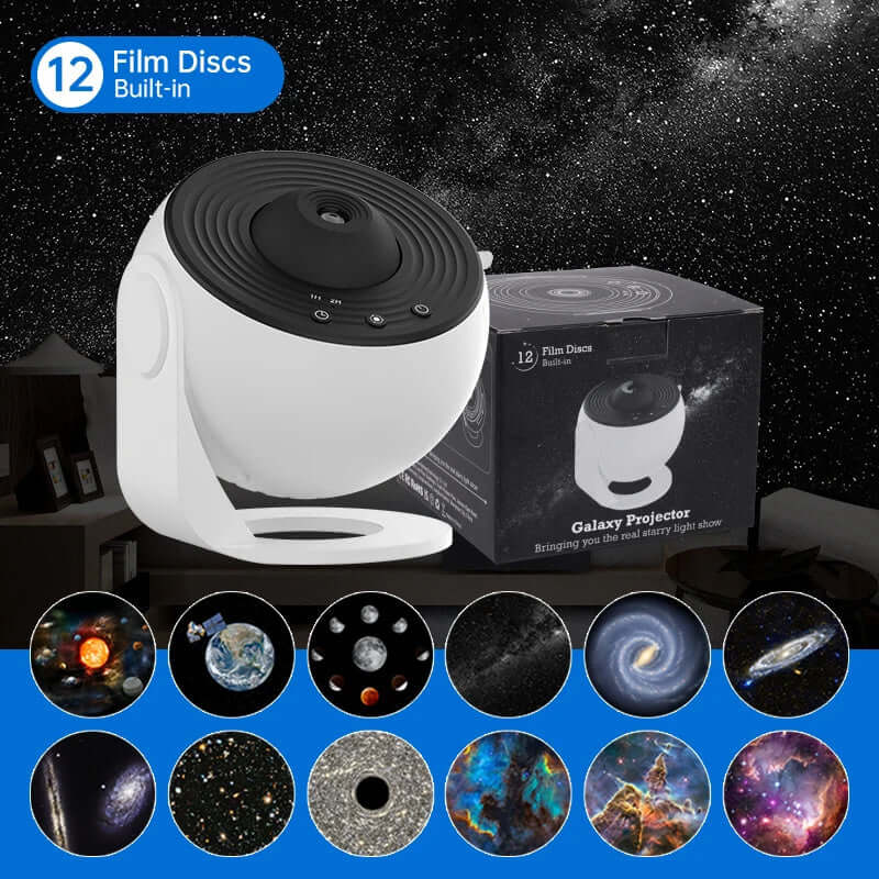Galaxy projector with 12 film discs, showcasing a starry sky, perfect for kids' bedrooms and home decor.