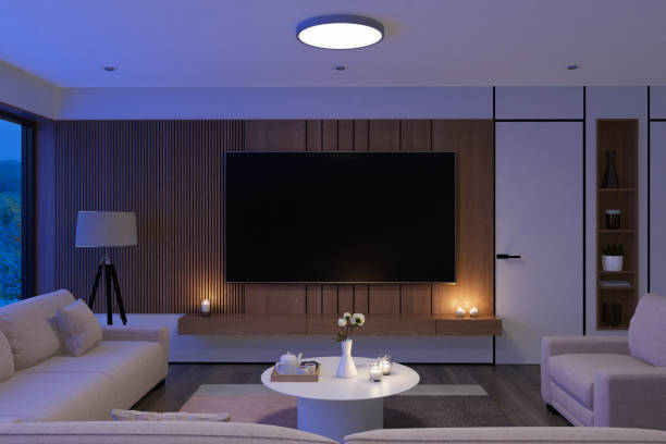 Modern living room with a large TV, sofa, and decorative items.
